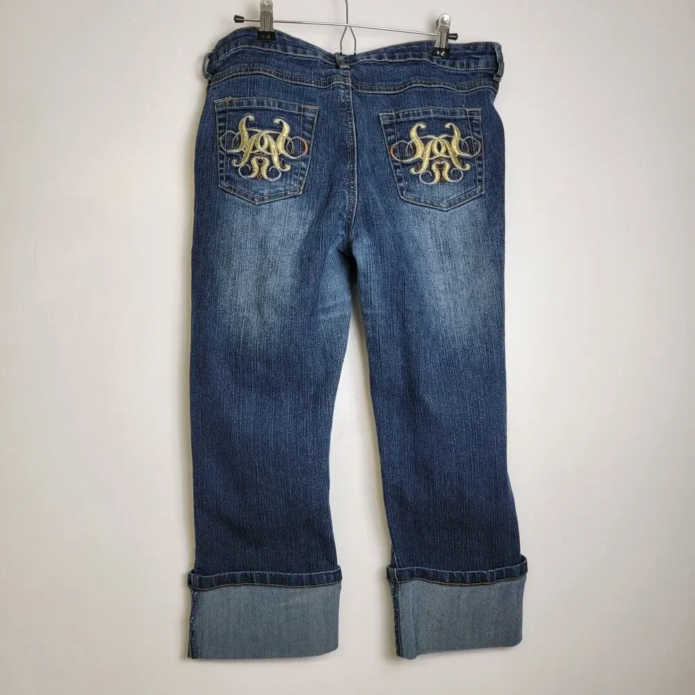 Southpole Baggy Y2K Gold Embroidered Embellished Cuff Jeans 15